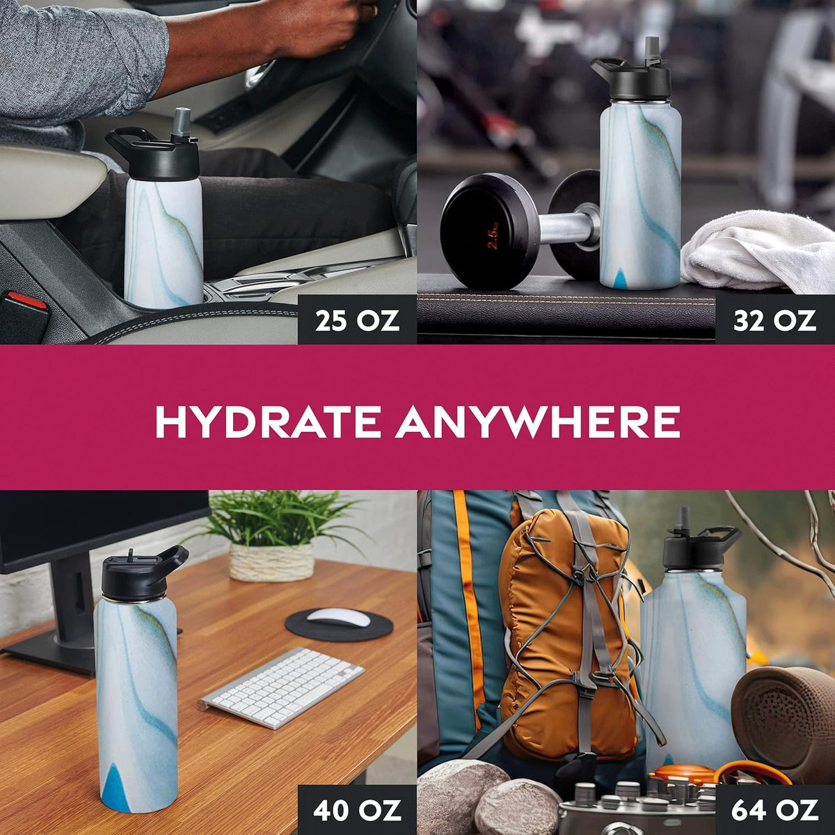 FineDine Water Bottle - Stainless Steel Insulated Water Bottle with Straw Lid, Flip Lid & Wide-Mouth Cap - Keeps Hot and Cold - 25 Oz / 739ml - Pure Pearly White - PuriLite
