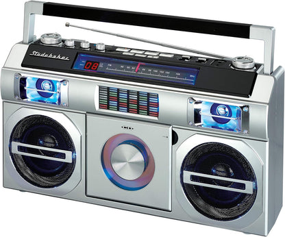Studebaker SB2145B 80's Retro Street Bluetooth Boombox with FM Radio, CD Player, LED EQ, 10 Watts RMS Power and AC/DC - PuriLite