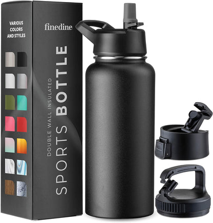 FineDine Water Bottle - Stainless Steel Insulated Water Bottle with Straw Lid, Flip Lid & Wide-Mouth Cap - Keeps Hot and Cold - 25 Oz / 739ml - Pure Pearly White - PuriLite