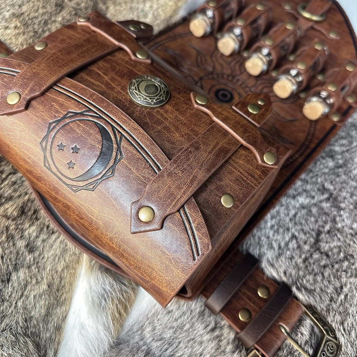 HiiFeuer 3PCs Medieval Alchemy Faux Leather Belt Bag Set with 5 Cork Potion Vials, Fantasy Embossed Wizard Halloween Belt(Brown A) - PuriLite