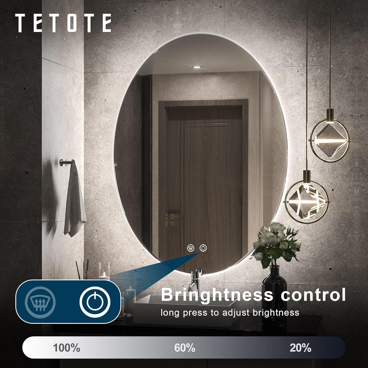 TETOTE 28 Inch Round LED Bathroom Vanity Mirror, Anti-Fog Dimmable Lights IP54 Waterproof Circle Makeup Wall Mounted Mirror - PuriLite