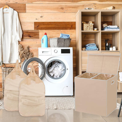 SimpleHouseware Double Laundry Hamper with Lid and Removable Laundry Bags, Beige - PuriLite