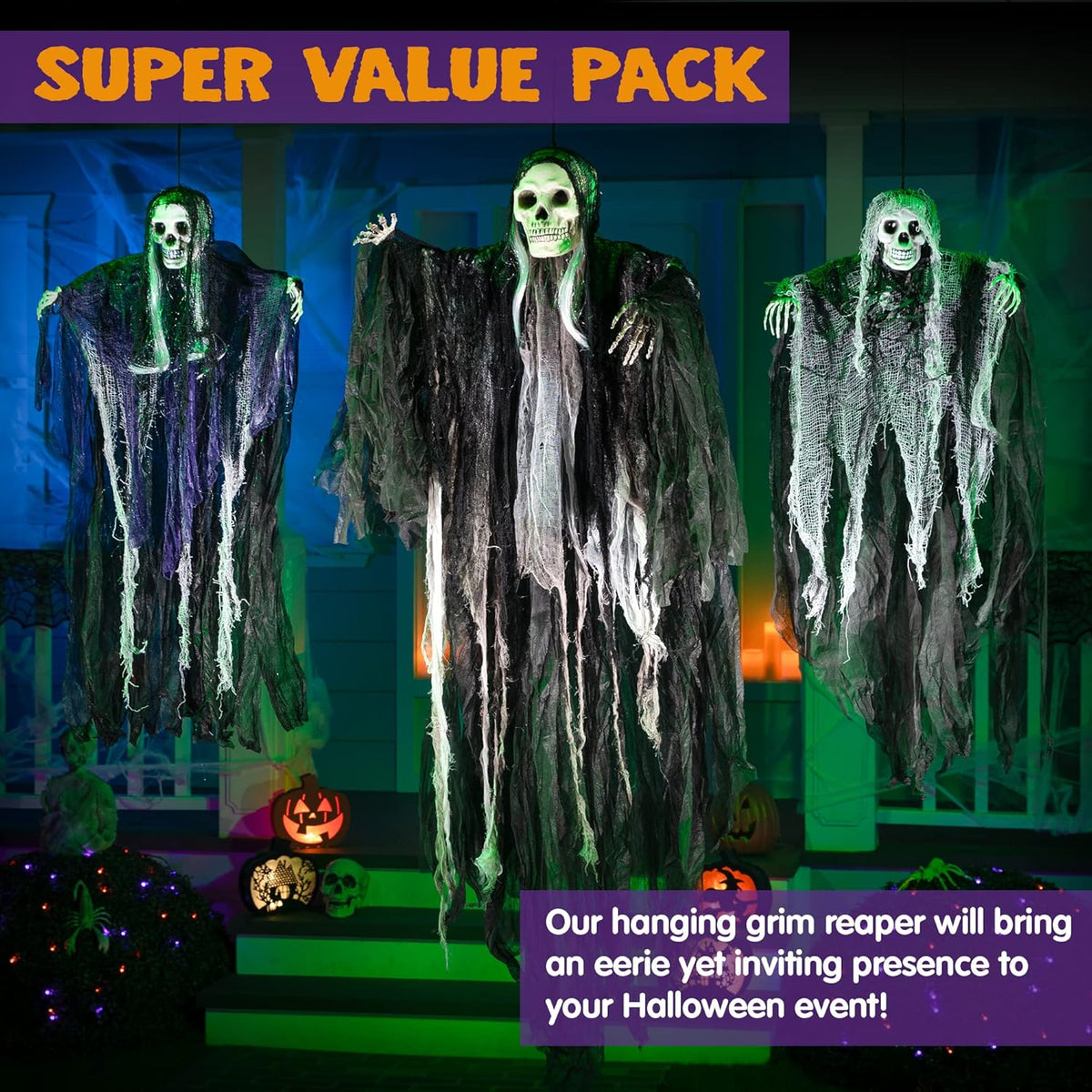 JOYIN 3 Pack Hanging Halloween Skeleton Ghosts Decorations, Grim Reapers for Best Halloween Outdoor Decorations - PuriLite
