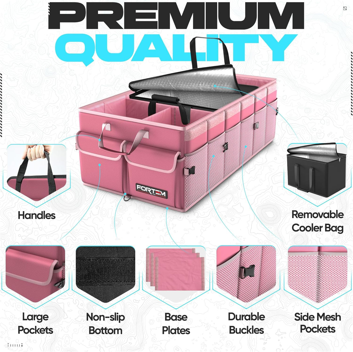 FORTEM Car Trunk Organizer, Collapsible Multi Compartment Car Organizer, Foldable SUV Storage for Car Accessories for Women Men, Non Slip Bottom, Securing Straps, Soft Cover 50L (Black, Standard) - PuriLite