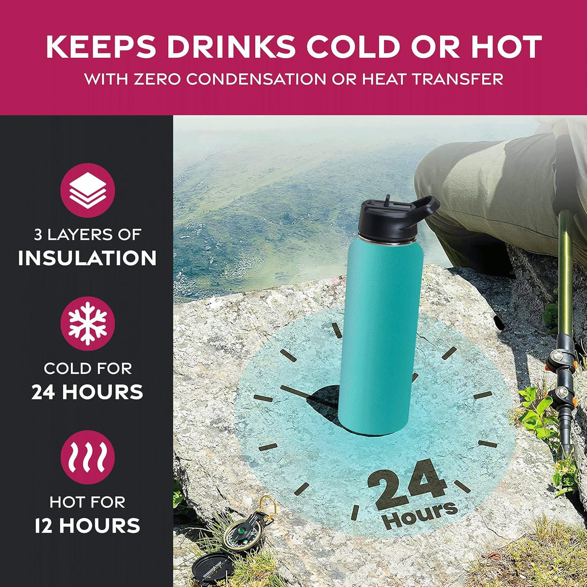 FineDine Water Bottle - Stainless Steel Insulated Water Bottle with Straw Lid, Flip Lid & Wide-Mouth Cap - Keeps Hot and Cold - 25 Oz / 739ml - Pure Pearly White - PuriLite