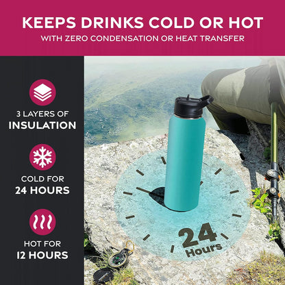 FineDine Water Bottle - Stainless Steel Insulated Water Bottle with Straw Lid, Flip Lid & Wide-Mouth Cap - Keeps Hot and Cold - 25 Oz / 739ml - Pure Pearly White - PuriLite