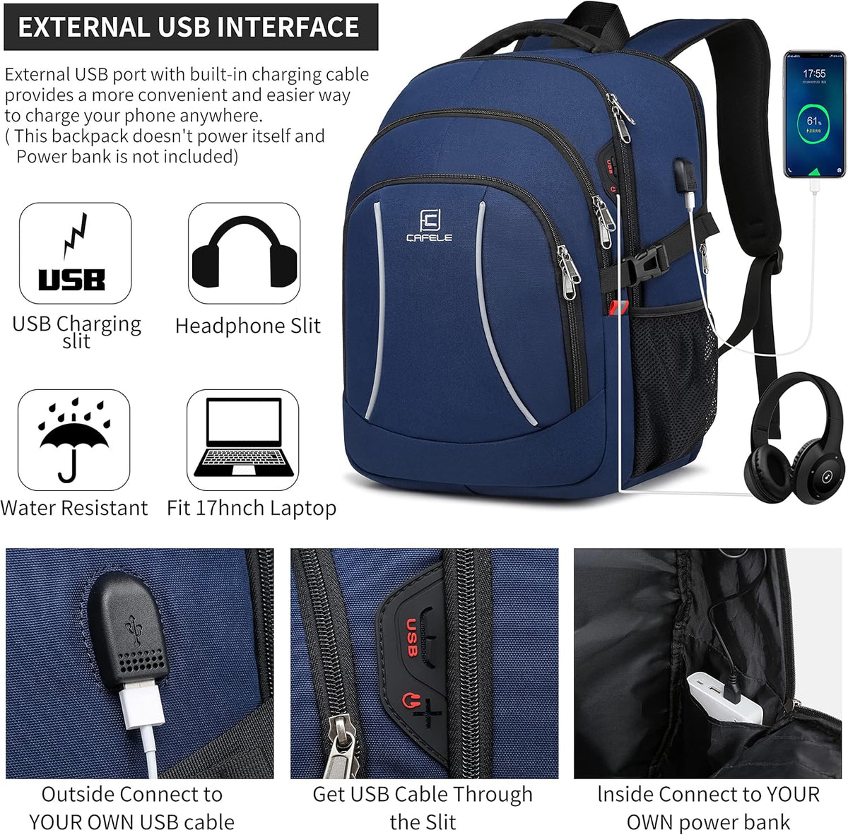 RFID Cafele Laptop Backpack Travel Computer Backpack College Bookbag School Backpack with USB Charging Port - PuriLite