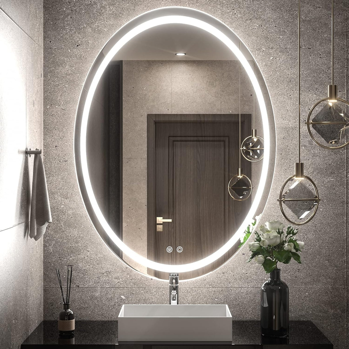 TETOTE 28 Inch Round LED Bathroom Vanity Mirror, Anti-Fog Dimmable Lights IP54 Waterproof Circle Makeup Wall Mounted Mirror - PuriLite