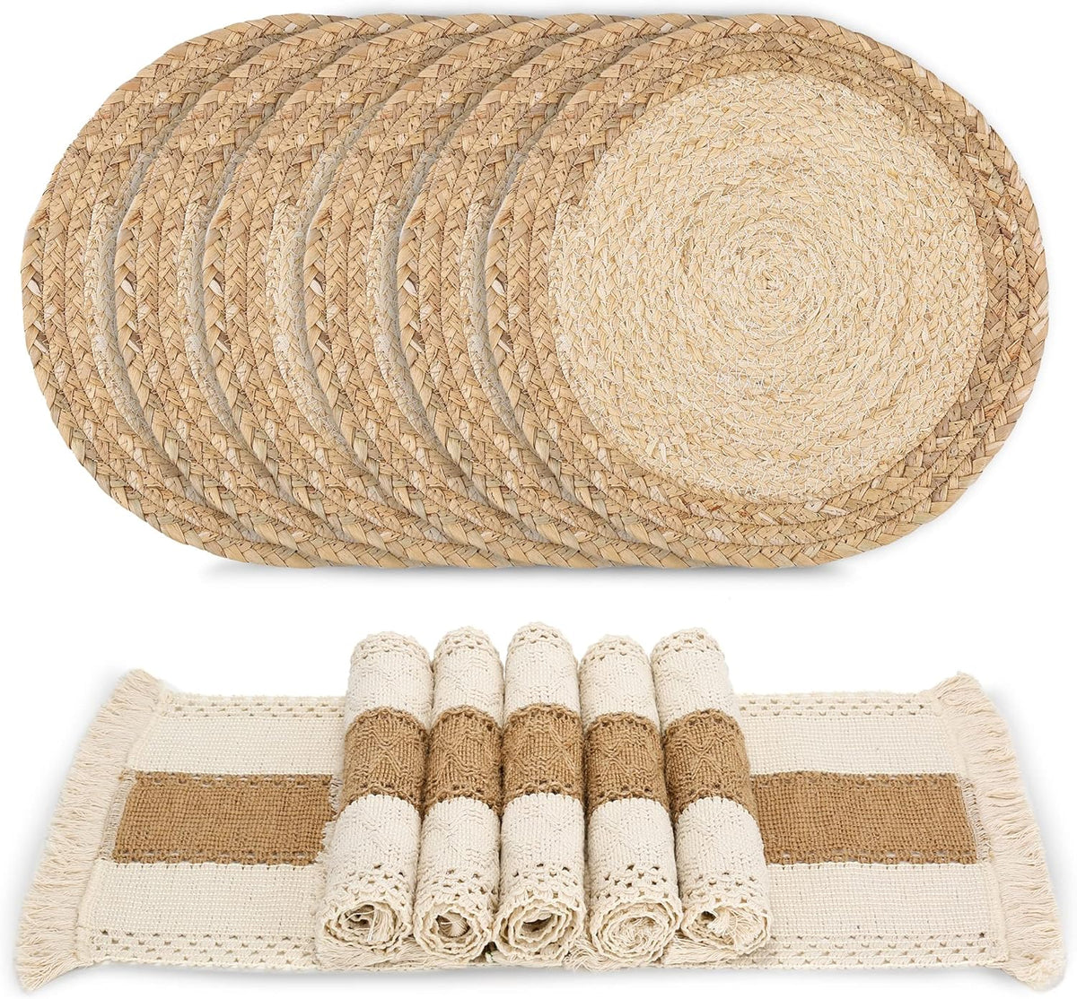 Zology Handmade Boho Placemats Set of 6 - Natural Cotton Burlap and Water Straw Woven Combination Table Mats, Macrame Décor and Farmhouse Style Placemats, for Dining Table Kitchen - PuriLite