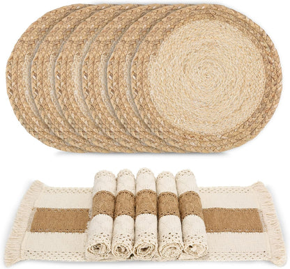 Zology Handmade Boho Placemats Set of 6 - Natural Cotton Burlap and Water Straw Woven Combination Table Mats, Macrame Décor and Farmhouse Style Placemats, for Dining Table Kitchen - PuriLite