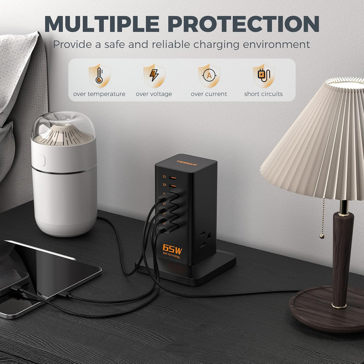 Charging Station, TESSAN 65W Max GaN USB C Charger Block, 6-Ports and 3 AC Outlets Power Tower, Fast Charging for Multiple Devices, Compatible with iPhone, Samsung and More - PuriLite
