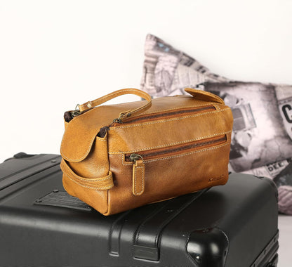 Premium Buffalo Leather Unisex Toiletry Bag Travel Dopp Kit Shaving kit (Distressed Tan) - PuriLite