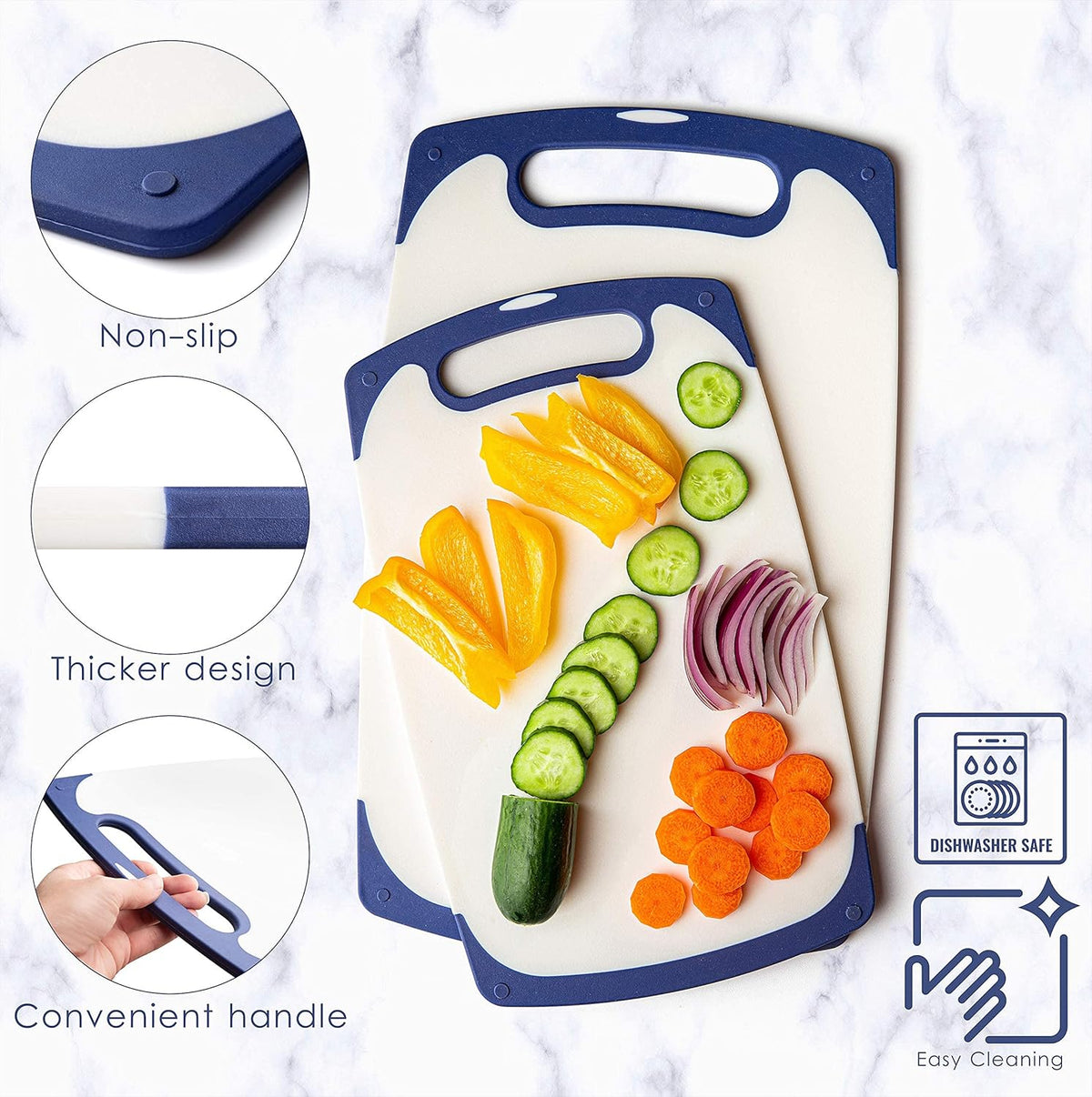 Moss & Stone 2 Piece Cutting Boards for Kitchen & Chef Knife | Polypropylene and Dishwasher Safe | 2 Chopping Board with Grip Handle | BPA-Free - PuriLite