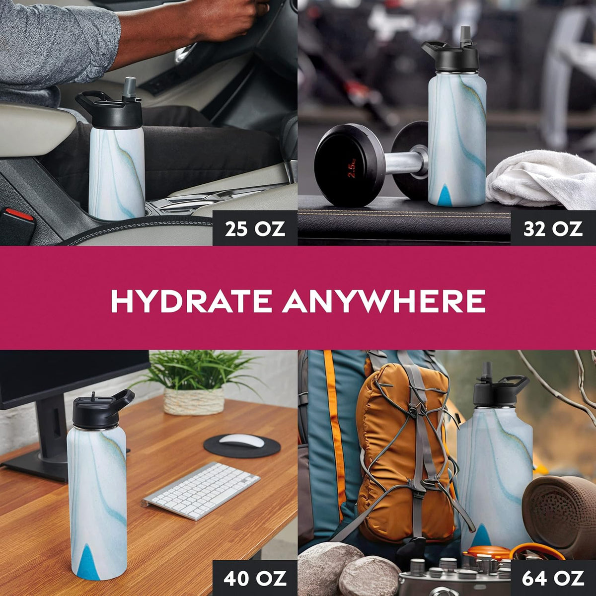 FineDine Water Bottle - Stainless Steel Insulated Water Bottle with Straw Lid, Flip Lid & Wide-Mouth Cap - Keeps Hot and Cold - 25 Oz / 739ml - Pure Pearly White - PuriLite