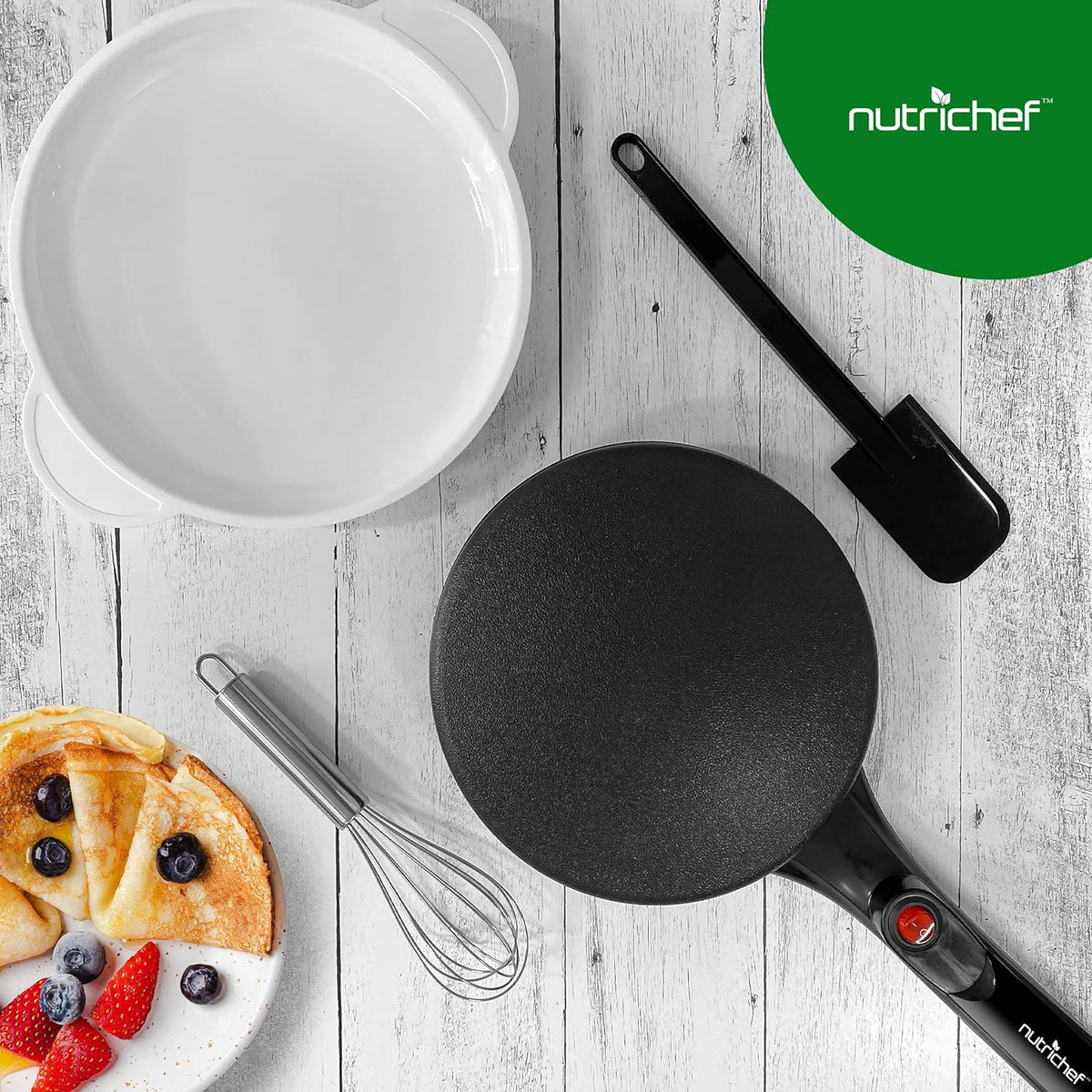 NutriChef Electric Crepe Maker, Cooks Roti, Tortillas, Pancakes, Nonstick Cooktop, 8-inch Cook Area On/Off Switch, Automatic Temperature Control & Cool Touch Handle, Includes Food Bowl, Whisk, Spatula - PuriLite