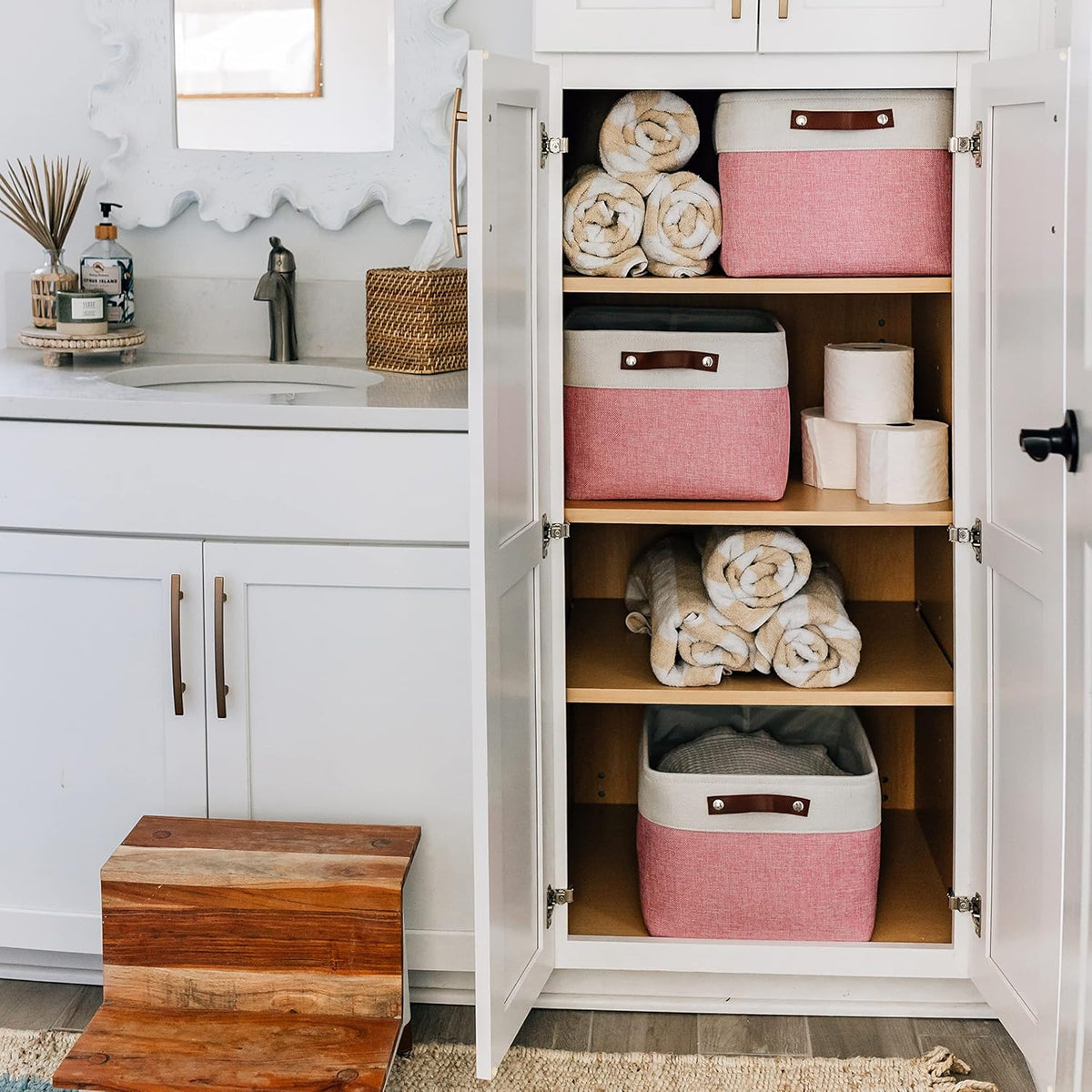 OrganiHaus Large Fabric Storage Baskets for Shelves 3 Pack, 15x11in Closet Storage Bins for Shelves, Cloth Baskets, Fabric Storage Cubes, Linen Closet Organizers, Fabric Basket, White Basket - PuriLite