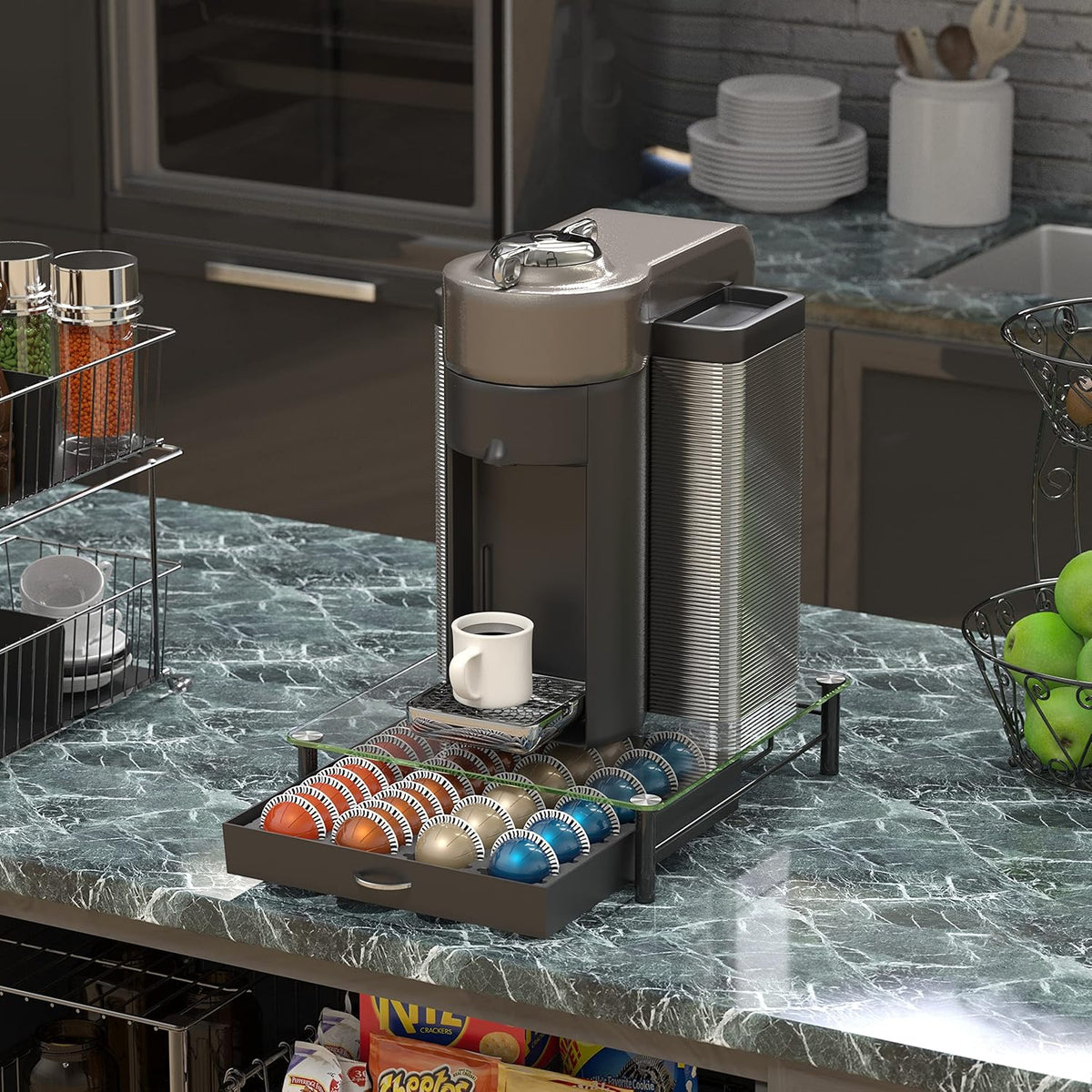 DecoBrothers Vertuo Pod Holder VertuoLine Drawer Storage for Nespresso Coffee Capsules, Crystal Tempered Glass, White - PuriLite