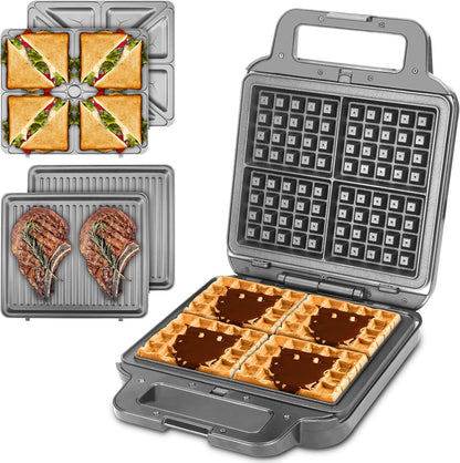 FineMade Belgian Waffle Maker with Removable Plates, Waflera Electrica, Large Waffle Iron, 3 in 1 Panini Grill Press Breakfast Sandwich Maker, Electric Griddle, Grilled Cheese Maker, Breakfast Station - PuriLite
