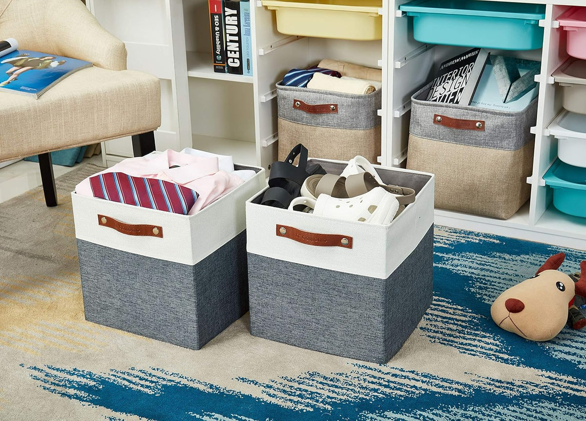 DECOMOMO Fabric Cube Storage Bin - Storage Baskets for Shelves, Kallax (Grey & White, 13 inch Cube) - 4 Pack - PuriLite