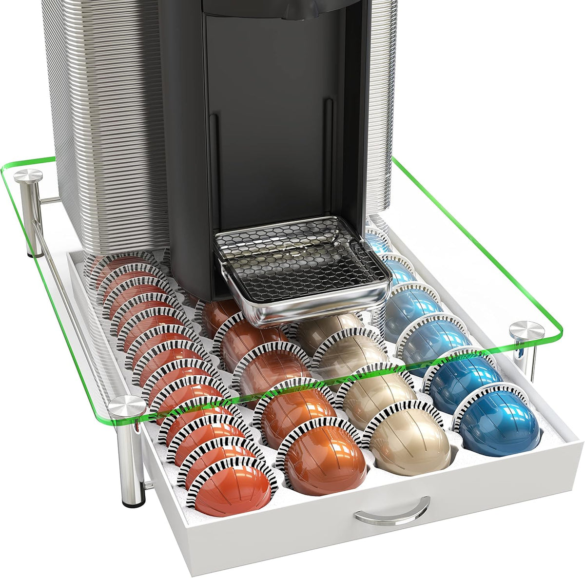 DecoBrothers Vertuo Pod Holder VertuoLine Drawer Storage for Nespresso Coffee Capsules, Crystal Tempered Glass, White - PuriLite