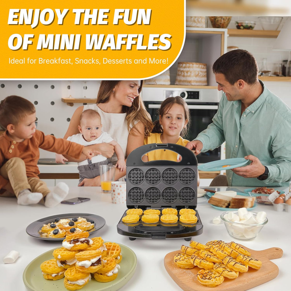 FineMade Mini Waffle Maker Machine, Small Waffle Bites Maker for Kids, Makes 8 x 2” Tiny Waffle Bites, Ideal for Breakfast, Snacks, Desserts and More - PuriLite