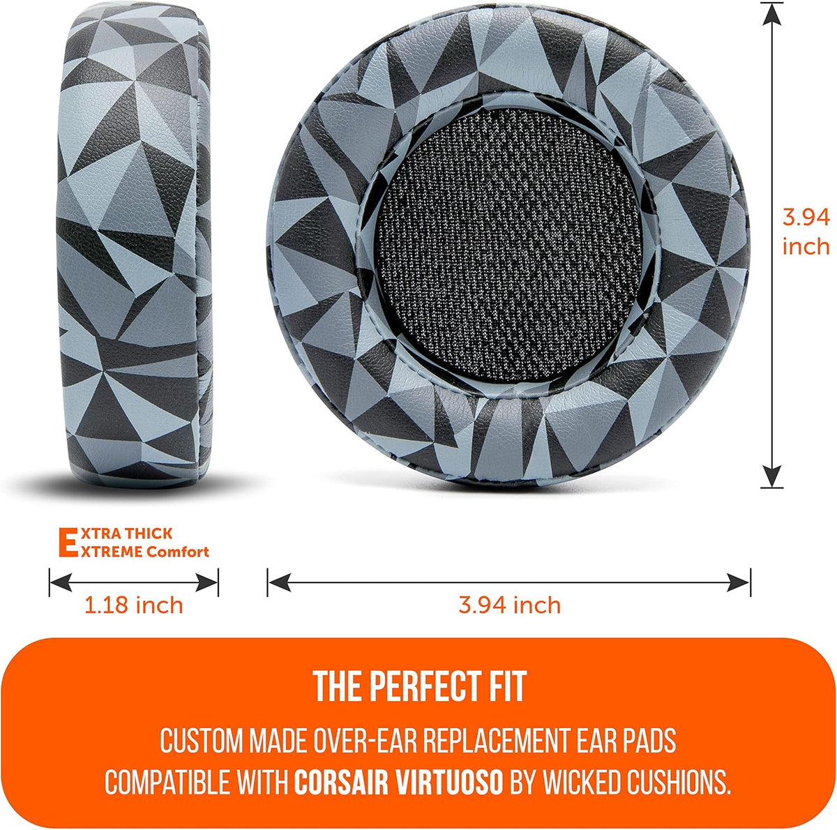 WC Upgraded Replacement Earpads for Corsair Virtuoso RGB Wireless Gaming Headset Made by Wicked Cushions | Improved Durability, Thickness, Softer Leather, and Sound Isolation | (Geo Grey) - PuriLite