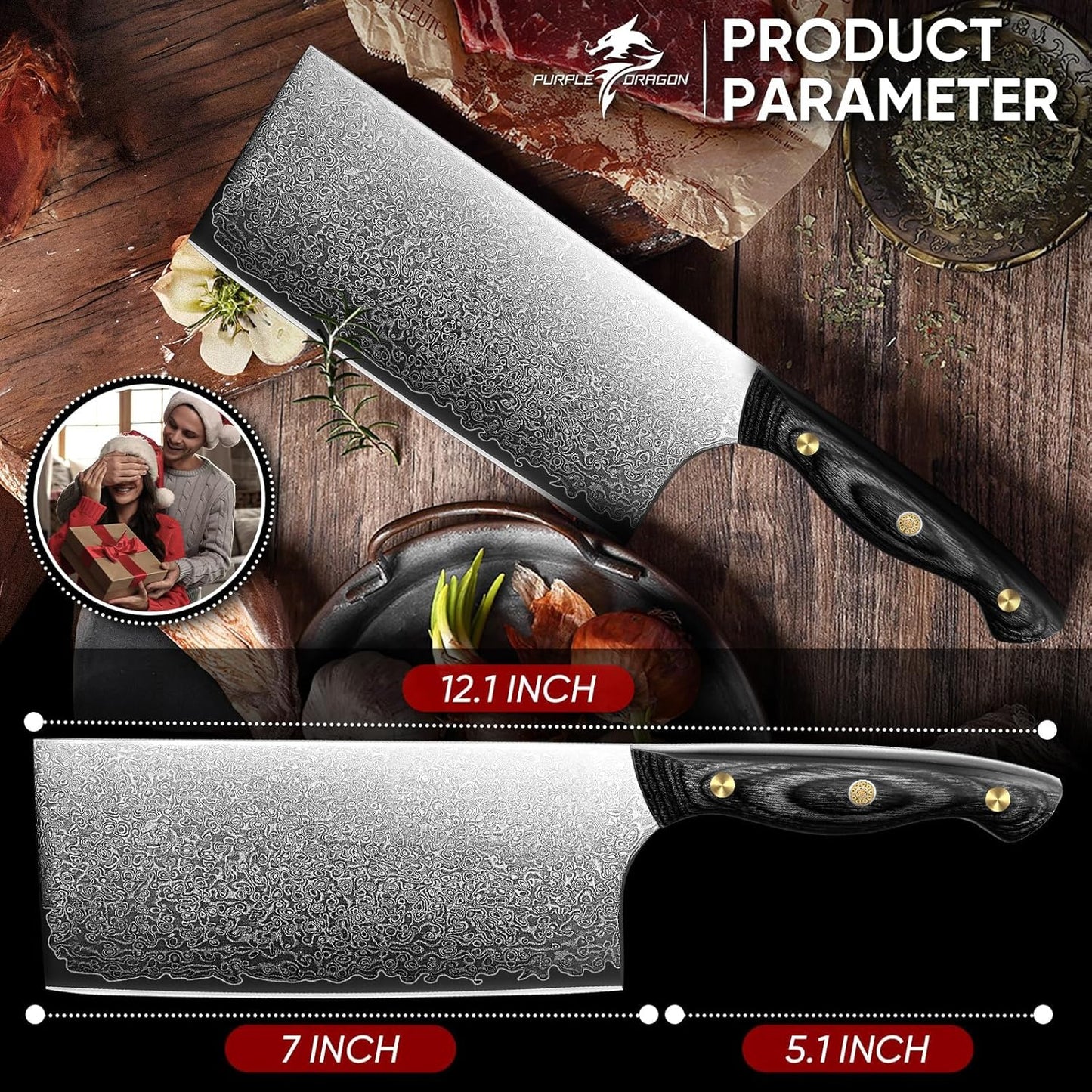 Purple Dragon Damascus Fish Fillet Knife - 7 inch Flexible Boning Knife with VG10 Core, Kitchen Slicing Knife with Full Tang Handle, Birthday Dad Mom Gift - PuriLite