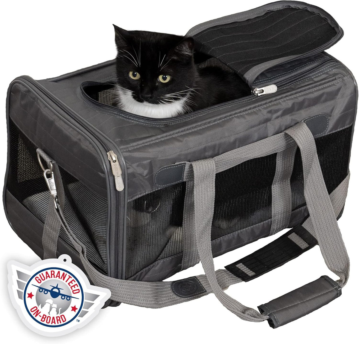 Sherpa Original Deluxe Travel Bag Pet Carrier, Airline Approved & Guaranteed-On-Board - Mesh Panels & Spring Frame, Locking Safety Zippers, Machine Washable Liner - Charcoal Gray, Medium - PuriLite