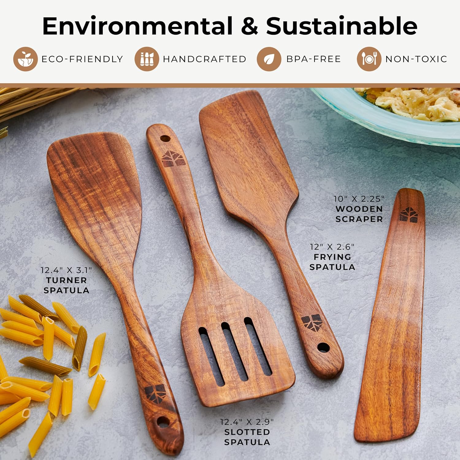 Wooden Spatula for Cooking, Kitchen Spatula Set of 4, Natural Teak Kitchen Utensils Including Paddle, Turner, Slotted Spurtle and Wood Scraper - Nonstick cookware - PuriLite