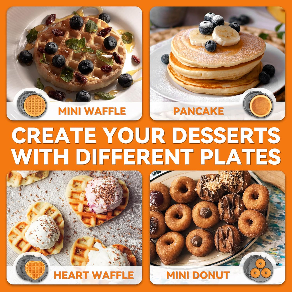 Baker's Friend 4 in 1 Mini Waffle Maker With Removable Plates - Pancake, Donut, Heart Shape and Small Waffle Maker Set - Recipe Included, Graphite - PuriLite