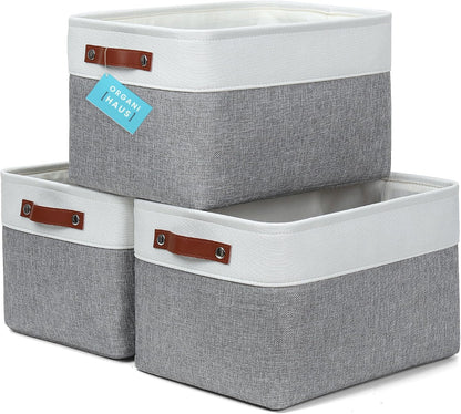 OrganiHaus Large Fabric Storage Baskets for Shelves 3 Pack, 15x11in Closet Storage Bins for Shelves, Cloth Baskets, Fabric Storage Cubes, Linen Closet Organizers, Fabric Basket, White Basket - PuriLite
