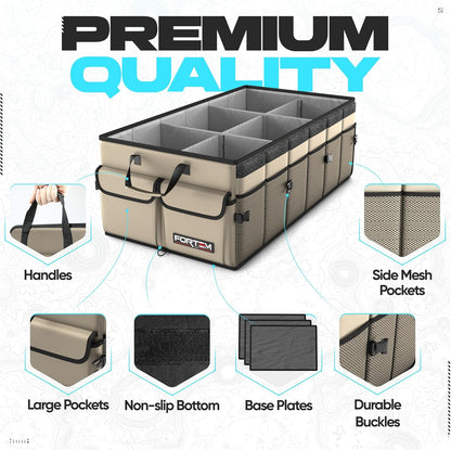 FORTEM Car Trunk Organizer, Collapsible Multi Compartment Car Organizer, Foldable SUV Storage for Car Accessories for Women Men, Non Slip Bottom, Securing Straps, Soft Cover 50L (Black, Standard) - PuriLite