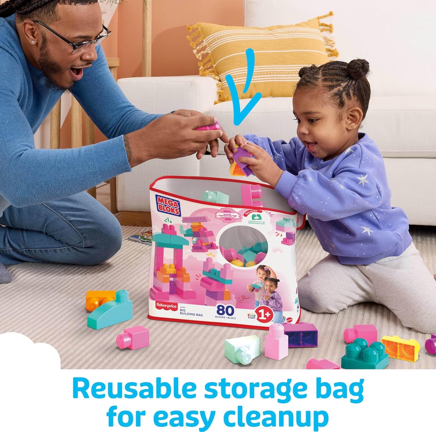 MEGA BLOKS First Builders Toddler Blocks Toys Set, Big Building Bag with 80 Pieces and Storage, Blue, Ages 1+ Years - PuriLite