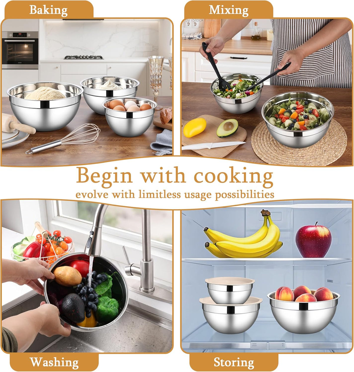 LIANYU Mixing Bowls with Airtight Lids Sets, 3 Packs Stainless Steel Metal Mixing Bowls, Ideal for Prepping, Cooking, Storage, Serving, Freezer & Dishwasher Safe, Khaki - PuriLite
