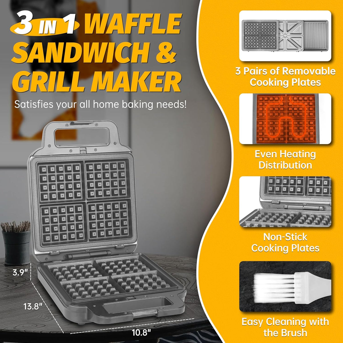 FineMade Belgian Waffle Maker with Removable Plates, Waflera Electrica, Large Waffle Iron, 3 in 1 Panini Grill Press Breakfast Sandwich Maker, Electric Griddle, Grilled Cheese Maker, Breakfast Station - PuriLite