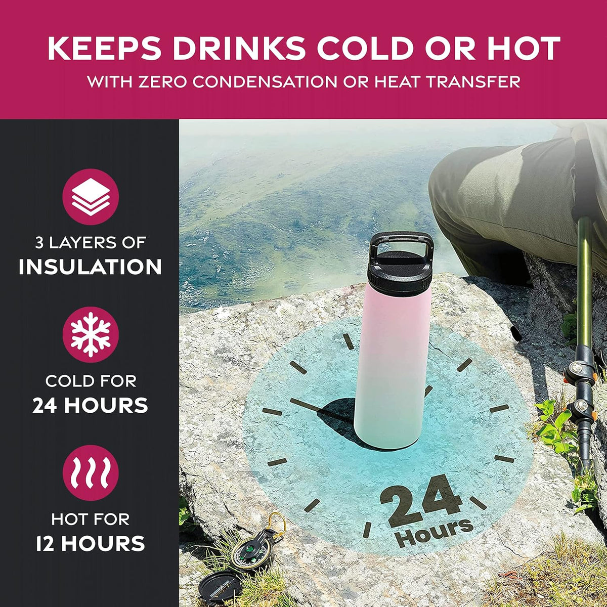 FineDine Water Bottle - Stainless Steel Insulated Water Bottle with Straw Lid, Flip Lid & Wide-Mouth Cap - Keeps Hot and Cold - 25 Oz / 739ml - Pure Pearly White - PuriLite
