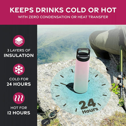 FineDine Water Bottle - Stainless Steel Insulated Water Bottle with Straw Lid, Flip Lid & Wide-Mouth Cap - Keeps Hot and Cold - 25 Oz / 739ml - Pure Pearly White - PuriLite
