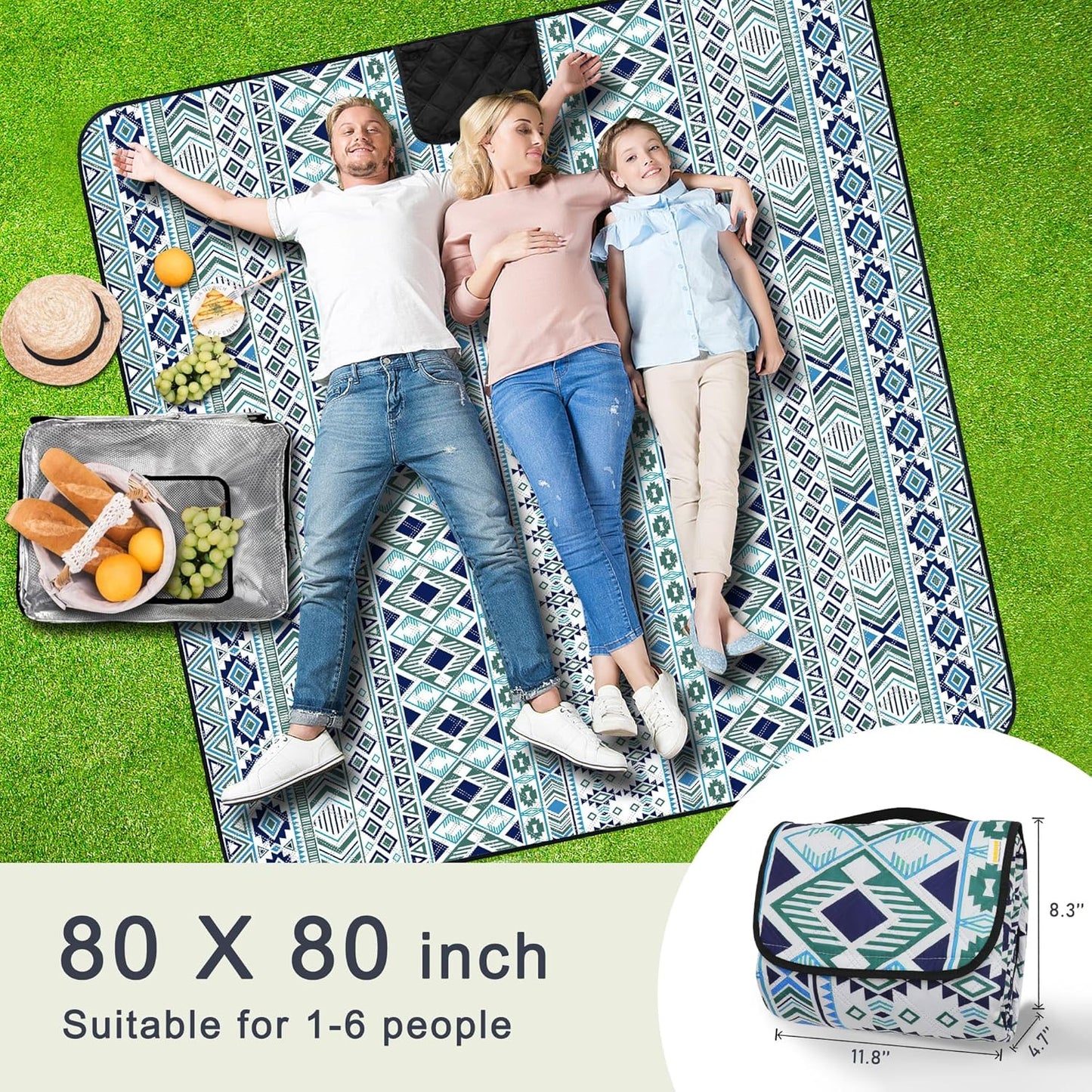 SAMSIER Large Outdoor Picnic Blankets Waterproof Foldable, Beach Blanket Sandproof Portable, Cute Picnic Mat Washable (Navy Blue, 60"×80") - PuriLite