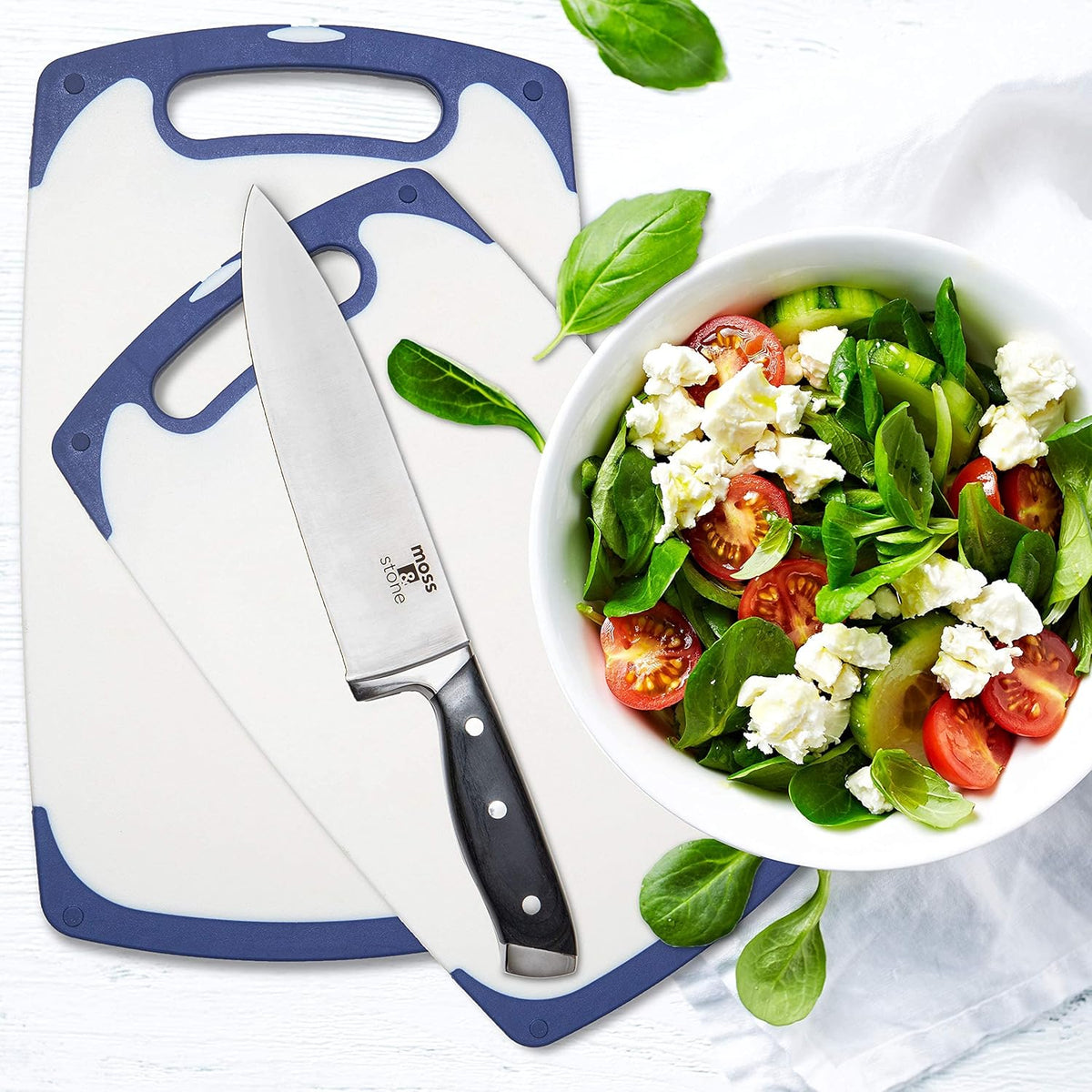Moss & Stone 2 Piece Cutting Boards for Kitchen & Chef Knife | Polypropylene and Dishwasher Safe | 2 Chopping Board with Grip Handle | BPA-Free - PuriLite