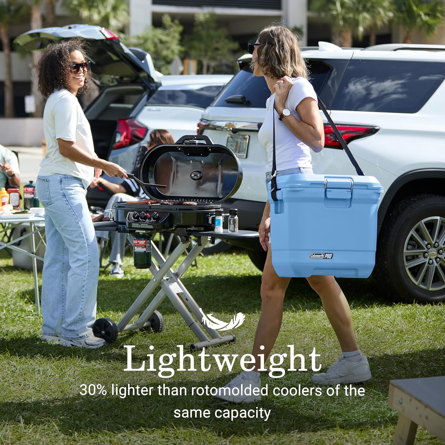 Coleman Pro Heavy-Duty Ultra-Light Premium Hard Cooler, 92/74/36-Can Capacity, Extra-Thick Insulation Keeps Ice up to 5/4/3 Days, 55-Quart Wheeled Cooler or 45/25 qt (No Wheels), Blue Sky - PuriLite