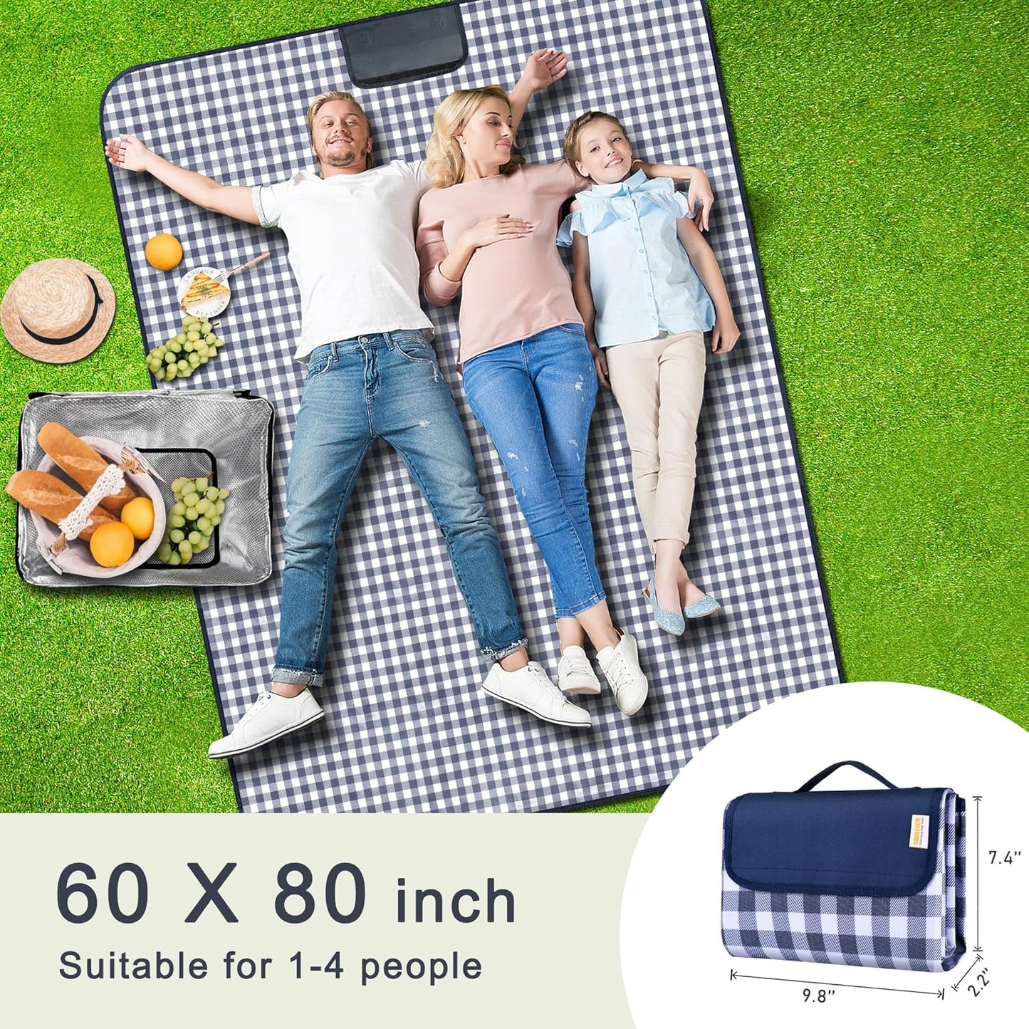 SAMSIER Large Outdoor Picnic Blankets Waterproof Foldable, Beach Blanket Sandproof Portable, Cute Picnic Mat Washable (Navy Blue, 60"×80") - PuriLite