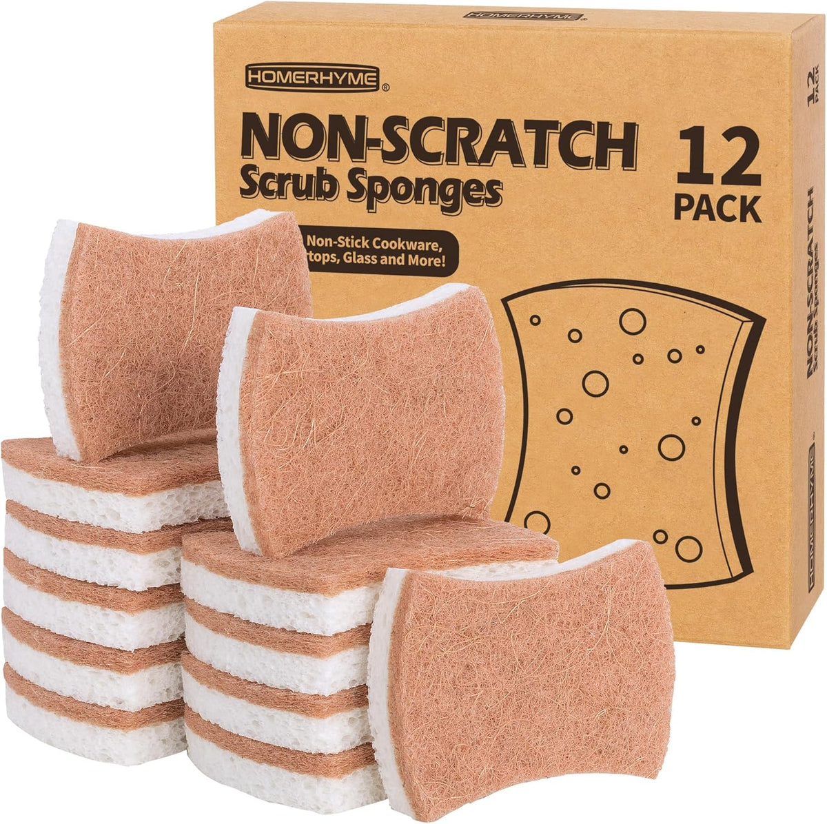 HOMERHYME Natural Dish Sponge 12 Pack, Non-Scratch Eco-Friendly Multipurpose Kitchen Cellulose Sponge, Biodegradable Odor-Less Dual-Sided for Dish Washing & Household Cleaning - PuriLite