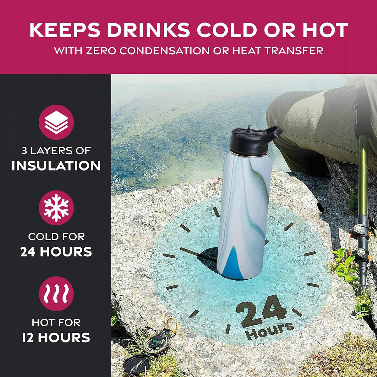 FineDine Water Bottle - Stainless Steel Insulated Water Bottle with Straw Lid, Flip Lid & Wide-Mouth Cap - Keeps Hot and Cold - 25 Oz / 739ml - Pure Pearly White - PuriLite