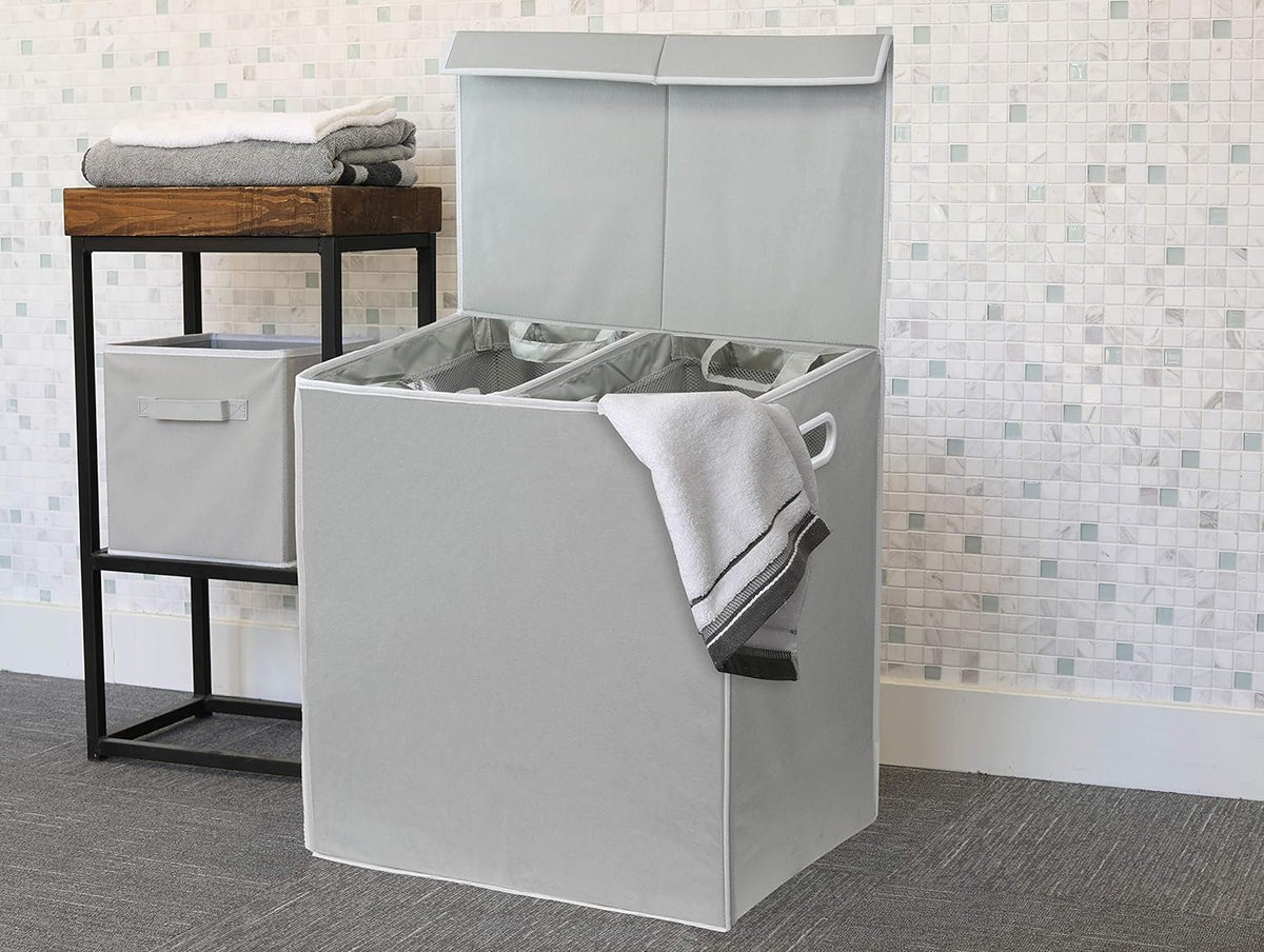 SimpleHouseware Double Laundry Hamper with Lid and Removable Laundry Bags, Beige - PuriLite