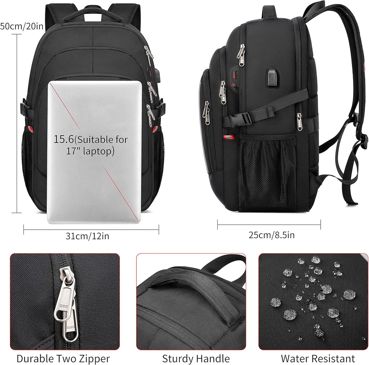 RFID Cafele Laptop Backpack Travel Computer Backpack College Bookbag School Backpack with USB Charging Port - PuriLite