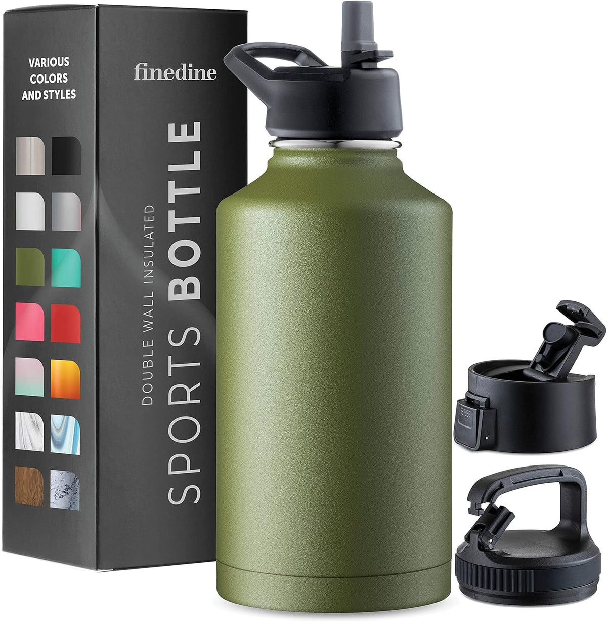 FineDine Water Bottle - Stainless Steel Insulated Water Bottle with Straw Lid, Flip Lid & Wide-Mouth Cap - Keeps Hot and Cold - 25 Oz / 739ml - Pure Pearly White - PuriLite