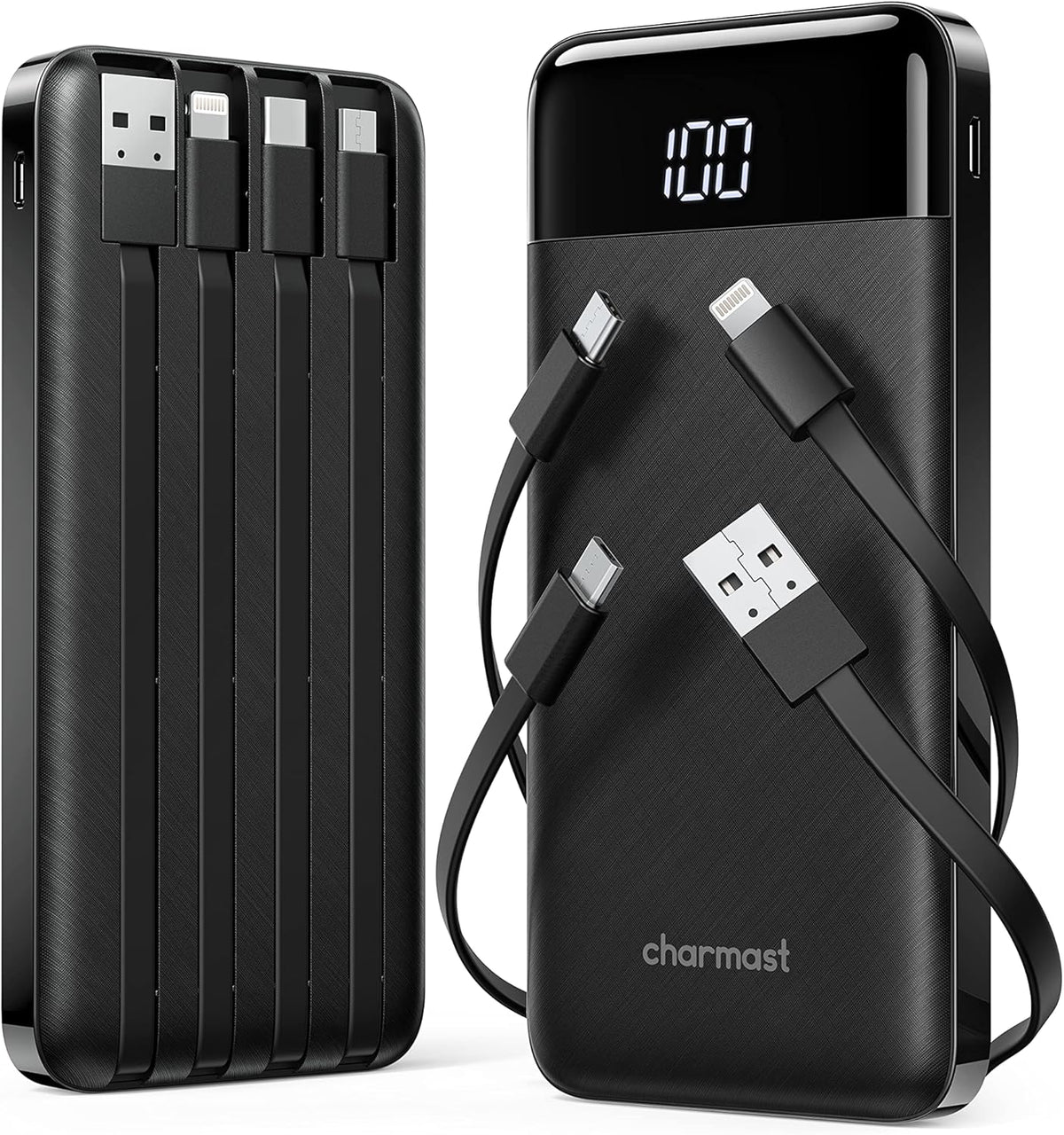 Charmast 2 Pack of Portable Chargers with Built in Cables, 2PCS Slim 10000mAh Travel Essentials Battery Pack 6 Outputs 3A Power Banks for iPhone Samsung Pixel LG Moto iPad (Black + Black) - PuriLite