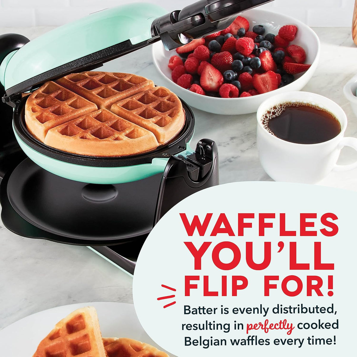 DASH Flip Belgian Waffle Maker – 1” Thick Waffle Mold, Nonstick Waffle Iron with Quick Heat-Up, Surface - Rotating Belgian Waffle Maker for Kids and Families, Just Add Batter (Aqua) - PuriLite