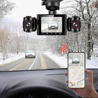 3 Channel Dash Cam WiFi FHD 2K Car Camera with 64GB Card, WIZACE 270° Front Dash Camera Front and Inside Left Right for Cars, Mini Dashcams with Night Vision,Loop Recording,WDR,G-Sensor, APP - PuriLite