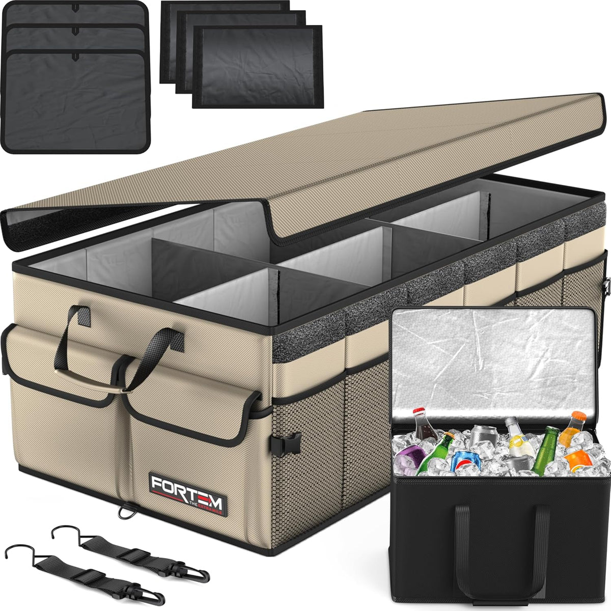 FORTEM Car Trunk Organizer, Collapsible Multi Compartment Car Organizer, Foldable SUV Storage for Car Accessories for Women Men, Non Slip Bottom, Securing Straps, Soft Cover 50L (Black, Standard) - PuriLite